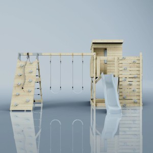 PolarPlay Spielturm Frida mit Schaukel, Rutsche und Kletterwand aus unbehandeltem Holz.