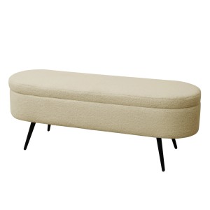 Beige Svita Ivy Sitzbank mit Teddystoff, Ottomane und Stauraum auf schwarzen Füßen.