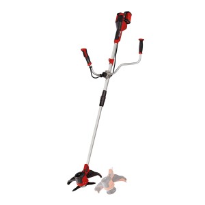 Einhell Akku-Sense Agillo mit zwei Akkus. Akku-Trimmer mit rotem Gehäuse und silbernem Schaft.
