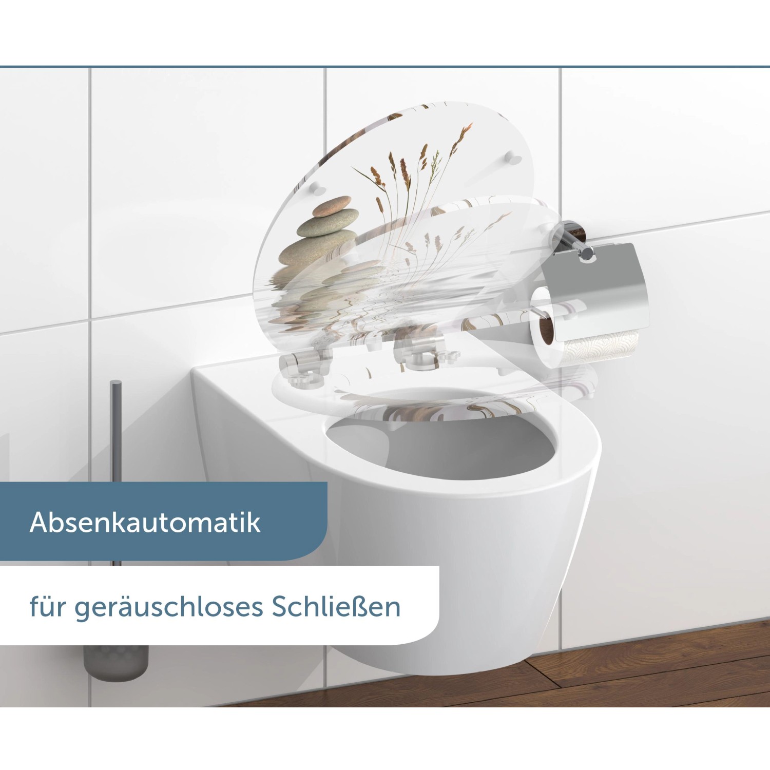 Schütte WC-Sitz MDF Balance mit Absenkautomatik, Dekor mit Steinen und Gräsern auf weißer Toilette.