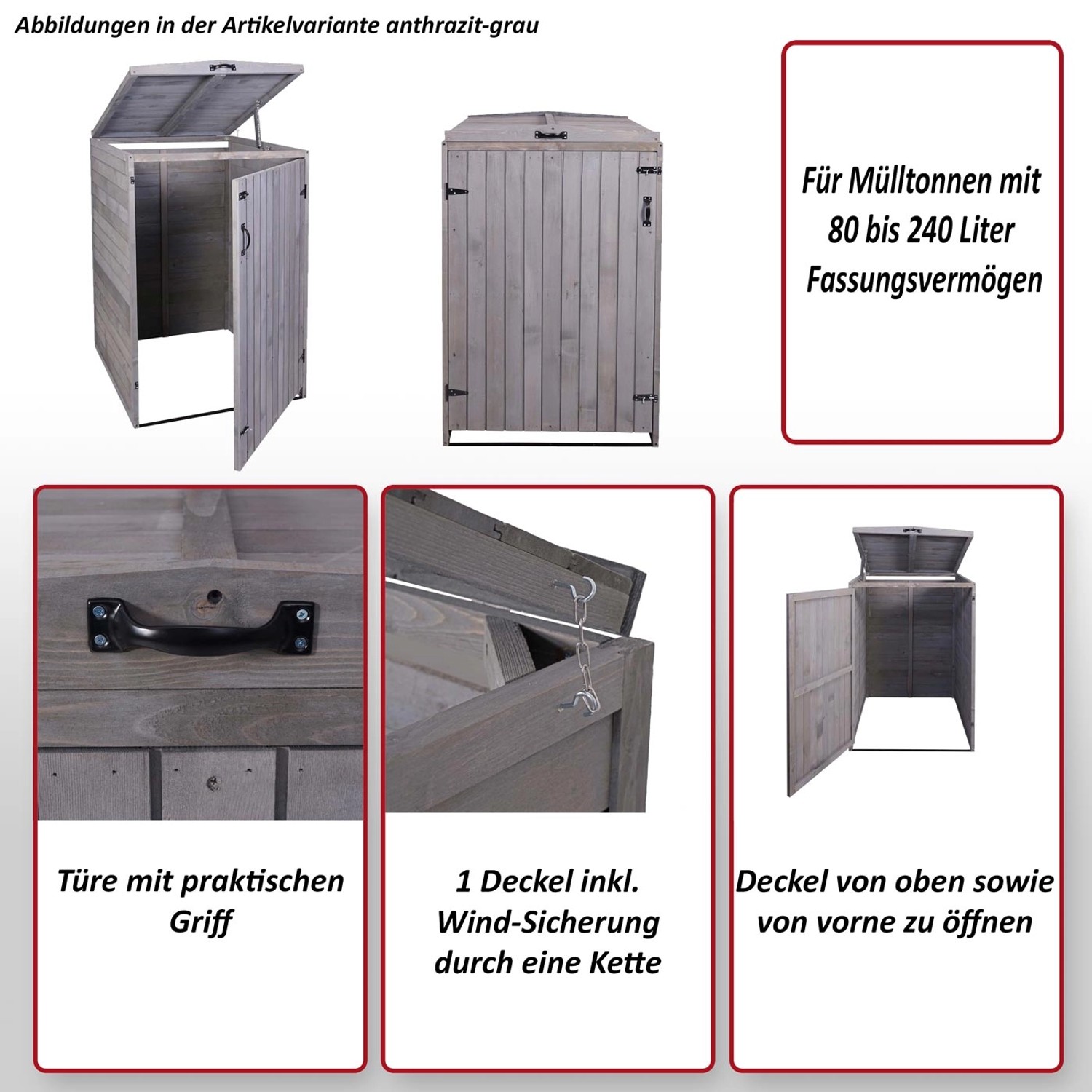 MCW Mülltonnenbox H74 Anthrazit-Grau für 1-2 Tonnen, Holz mit Tür und Deckel.