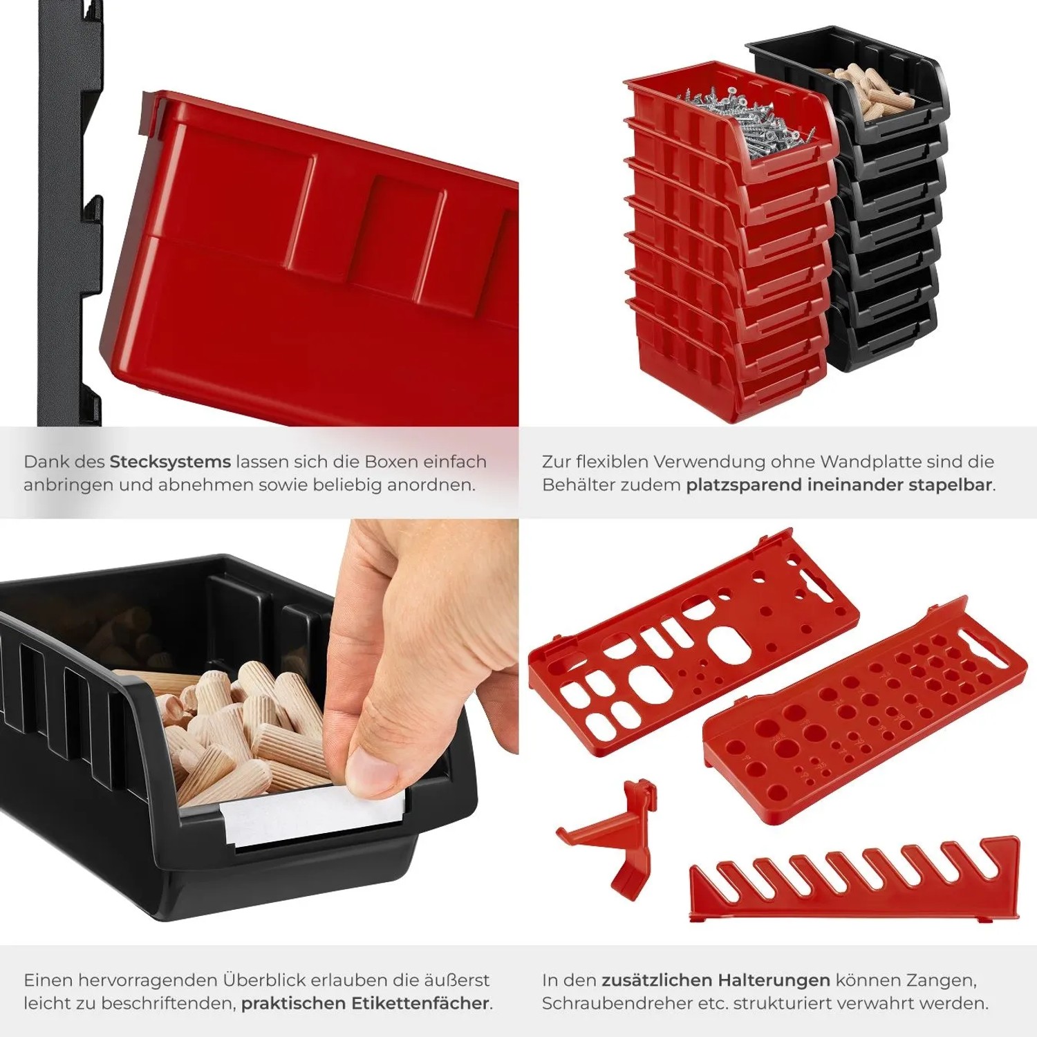 Tectake Kleinteilemagazin, 44-teilig mit Wandplatten, roten und schwarzen Stapelboxen und Halterungen.