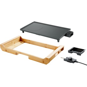 Elektro-Tischgrill Belfast mit Bambusgehäuse, Grillplatte, Fettauffangschale und Temperaturregler.