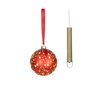 Rote Lumineo LED-Glas-Weihnachtskugel mit Sternenmuster und rotem Band, Ø 14 cm. Inkl. Batteriefach.