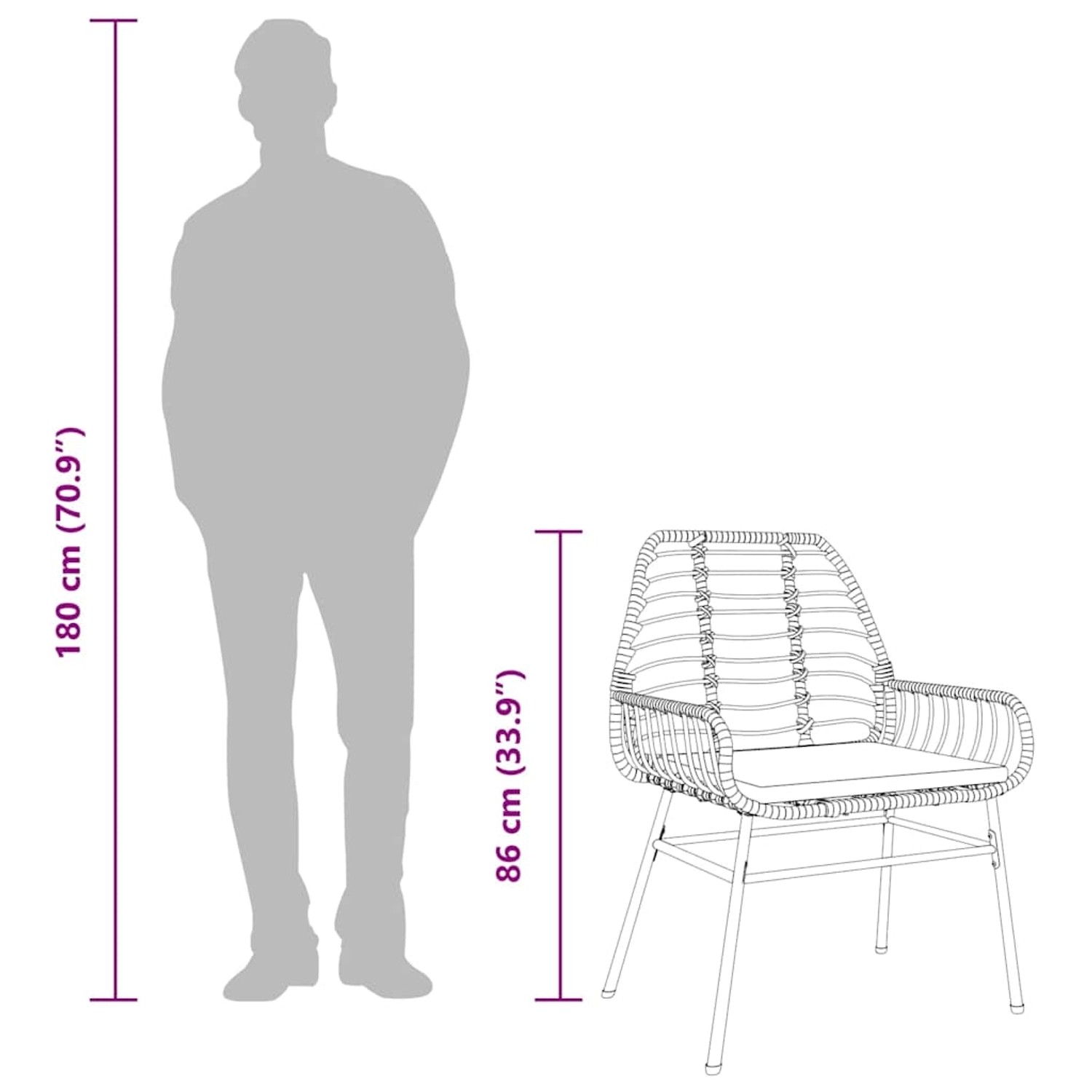 Skizze: Schwarze 7-tlg. Garten-Essgruppe aus Polyrattan mit Glasplatte und Maßangaben.