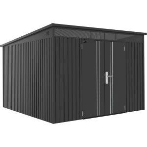 Modernes Gerätehaus Firstline aus Metall in Anthrazit mit Pultdach und Doppeltür.