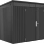 Modernes Gerätehaus Firstline aus Metall in Anthrazit mit Pultdach und Doppeltür.