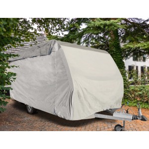 Graue Wohnwagen-Schutzhülle 670x250x220 cm zum Schutz vor Frost und Witterung.