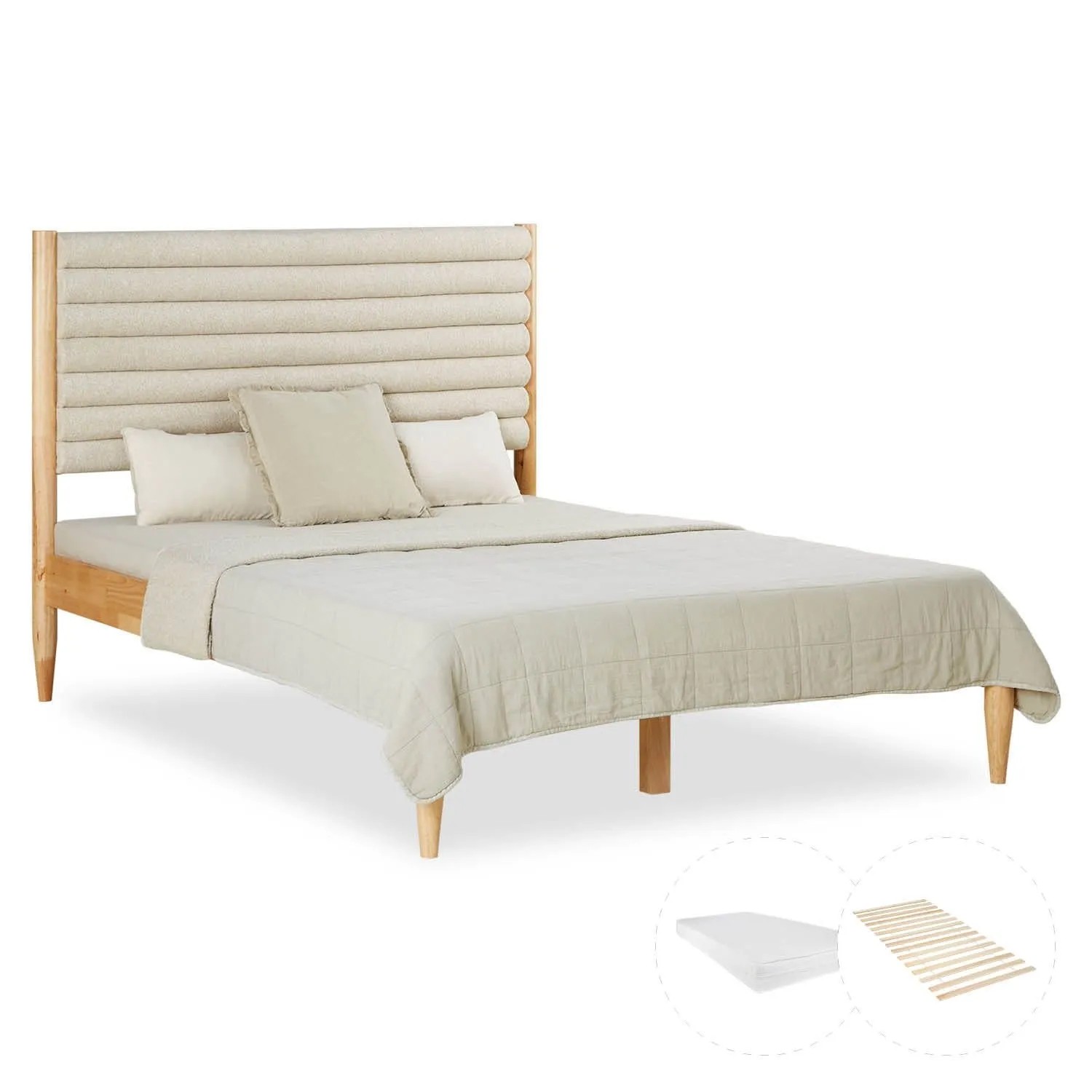 Homestyle4u Polsterbett 140x200 cm mit Matratze Holzbett Beige Bouclé Lattenrost
