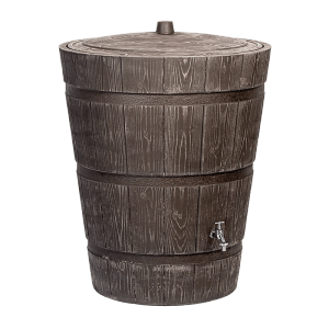Braune Arves Regentonne Rustico 275 l in Holzoptik mit Deckel und Wasserhahn.