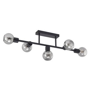 Schwarze Lindby Deckenlampe Biscala im Retro-Stil mit 5 rauchfarbenen Glaskugeln.