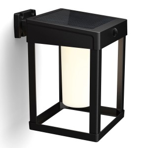 Eckige, schwarze Philips Solar-Wandleuchte Camill mit Solarpanel und warmweißem Licht.
