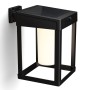 Eckige, schwarze Philips Solar-Wandleuchte Camill mit Solarpanel und warmweißem Licht.