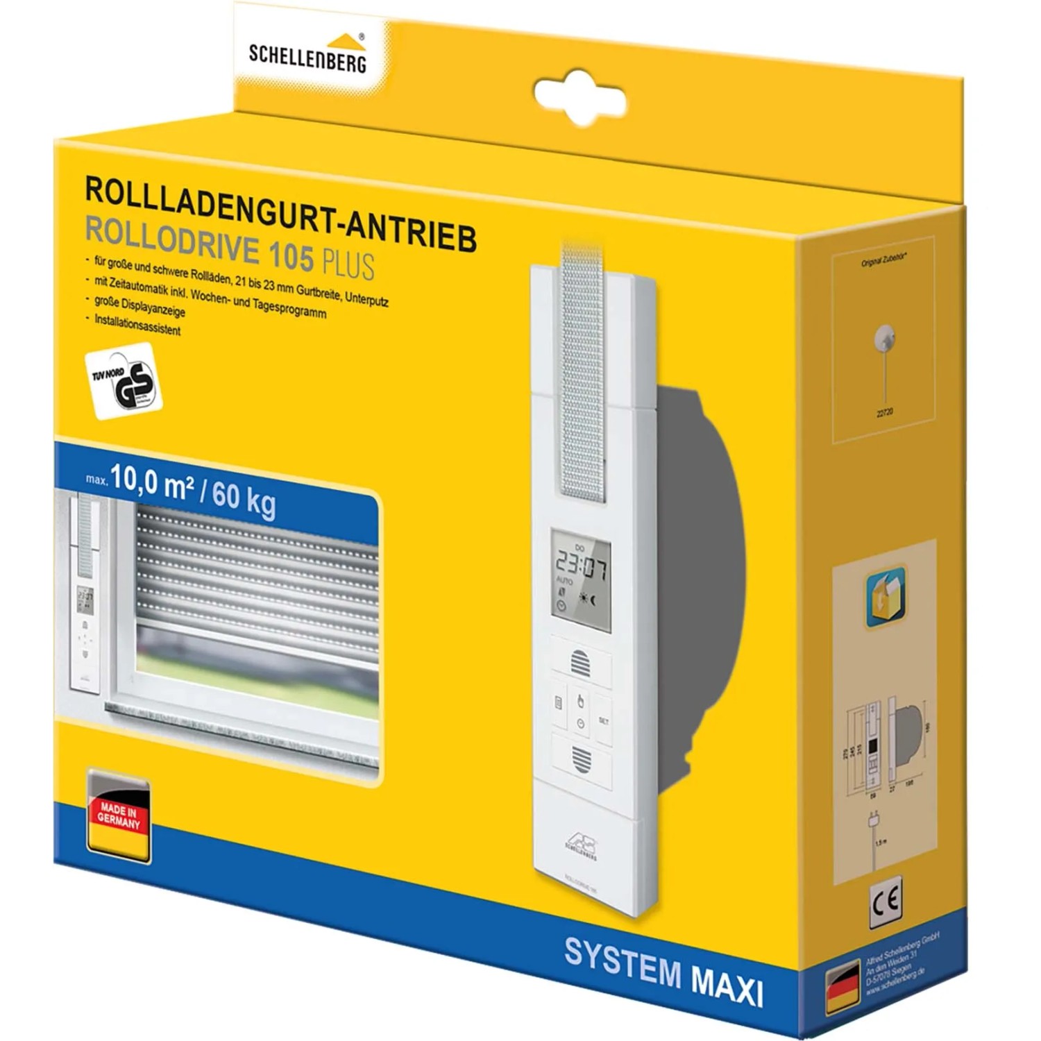 Schellenberg RolloDrive 105 Plus Rollladenantrieb in gelber Verpackung. Motor für Rollläden bis 10 m².