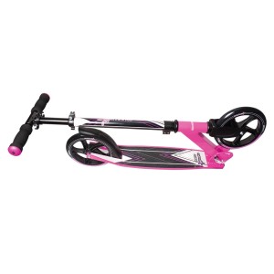 Zusammengeklappter pinker Muuwmi Aluminium Scooter Tretroller für Kinder und Erwachsene.