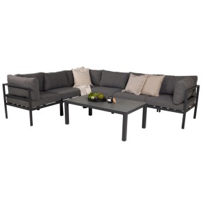 Schwarzer ebuy24 Copacabana Couchtisch mit Glasplatte vor grauer Gartenlounge.