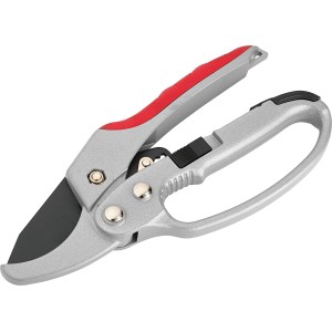 Amboss Ratschenschere mit Aluminiumgriffen und Antihaftklinge für müheloses Schneiden.