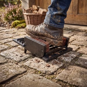 Schwarzer Gusseisen Schuhabstreifer mit Bürsten und Schuhauszieher reinigt schlammigen Stiefel. Ideal für Outdoor.