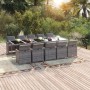 Graue 11-tlg. vidaXL Garten-Essgruppe aus Rattan mit Tisch, Stühlen und Kissen im Garten.