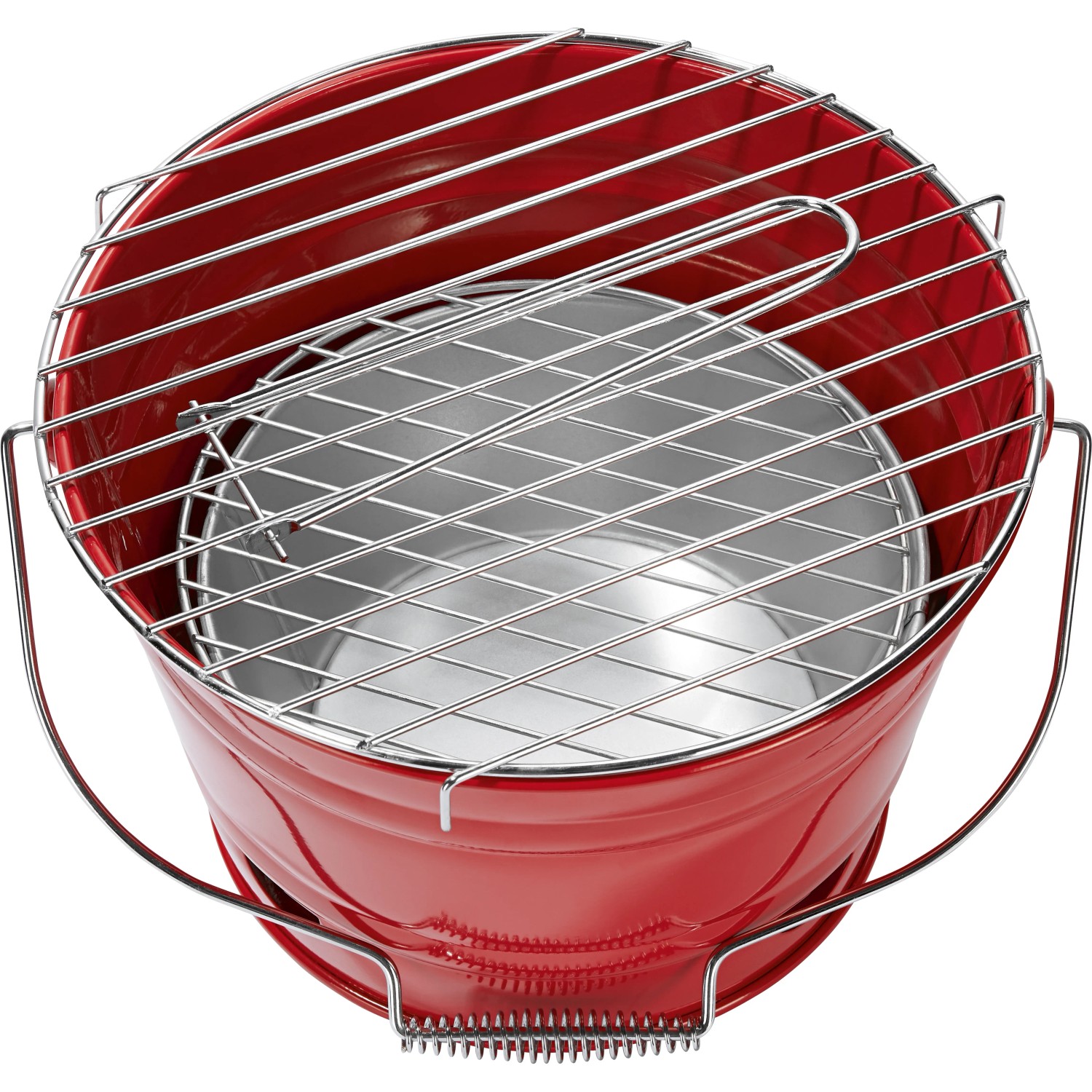 Roter Eimergrill, tragbarer Holzkohlegrill mit Grillrost und Tragegriff.