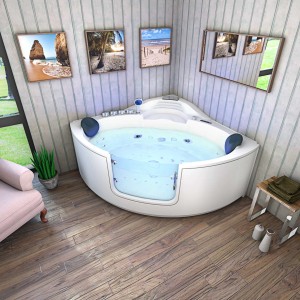 AcquaVapore Eck-Whirlpool W60H-TH 140x140 mit Tür. Weiße Badewanne mit transparentem Walk-In Einstieg.