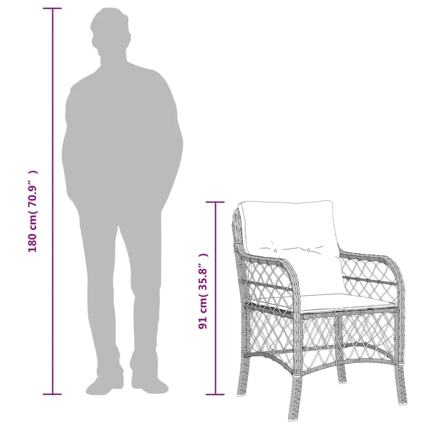 Skizze eines beigen Rattan-Gartenstuhls mit Kissen und Maßangaben (91cm Höhe).