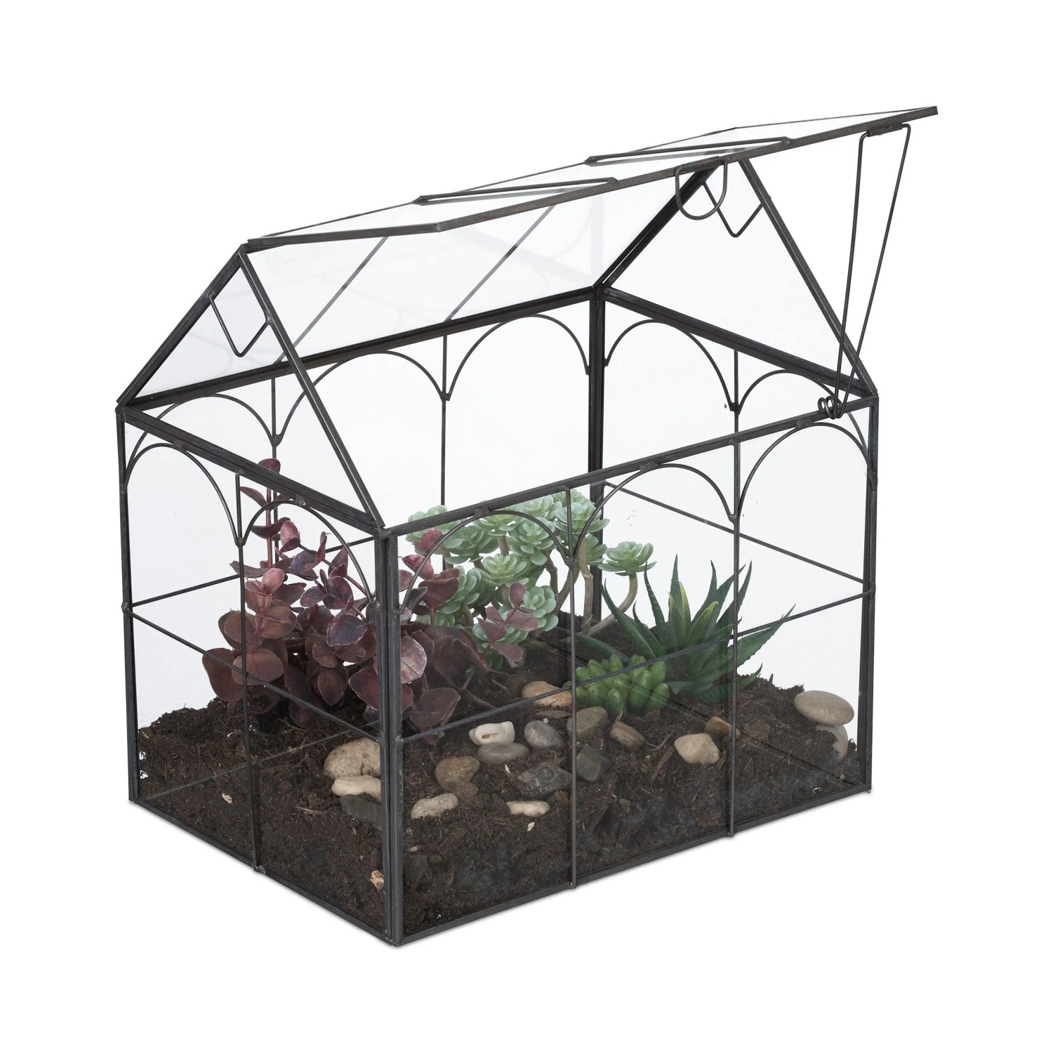 Relaxdays Pflanzenterrarium Glas Schwarz Hausform 25 cm x 24 cm x 18 cm 1,7 kg