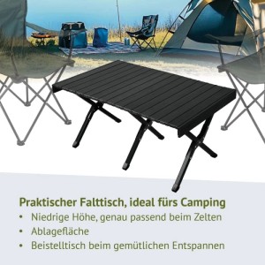 Schwarzer Jawinio Aluminium-Falttisch mit Lattenplatte und X-Beinen, tragbar, ideal für Camping und Outdoor.