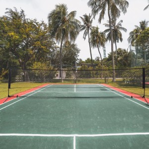 Schwarzes HOMCOM Badmintonnetz aus PE-Netz und Metallrohr auf grünem Outdoor-Spielfeld mit Palmen. Höhenverstellbar, tragbar für Spiel & Spaß.