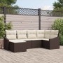 Braunes 6-teiliges Garten-Sofa-Set aus Poly Rattan mit beigen Kissen für Terrasse und Garten.