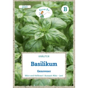 Saatgutpackung Grüne Fee Basilikum Genoveser mit frischen, grünen Basilikumblättern.