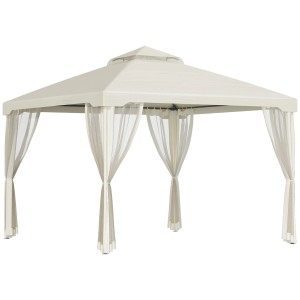 Cremeweißer Outsunny Pavillon aus Metall und Polyester mit Vorhängen, ideal als Sonnenschutz.