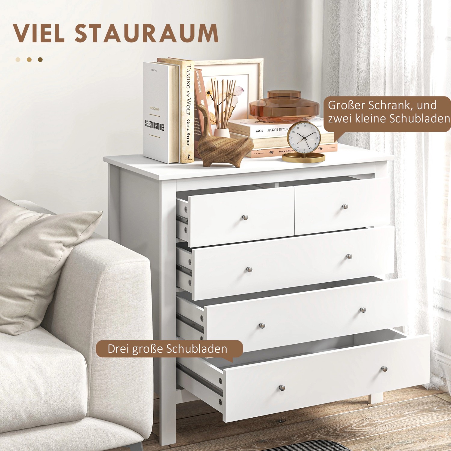 Weiße HOMCOM Kommode mit 5 Schubladen (3 groß, 2 klein) aus MDF und Spanplatte.