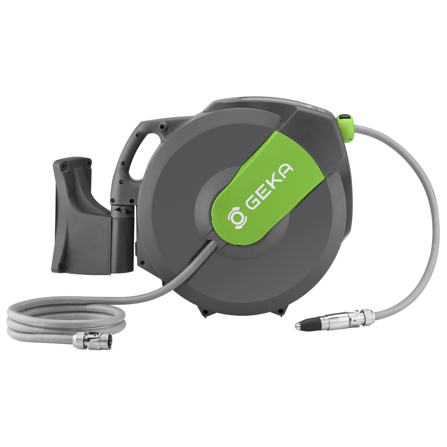 Geka Schlauchbox K25 Grau: Automatische Schlauchaufroller mit grauem Schlauch und grünen Akzenten.