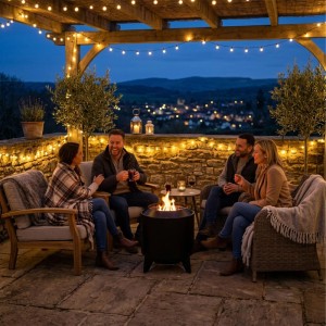 Schwarze Relaxdays Feuerschale aus Stahl mit Feuer auf Terrasse, umgeben von lachenden Menschen und Lichterketten. Gemütlicher Grillabend.