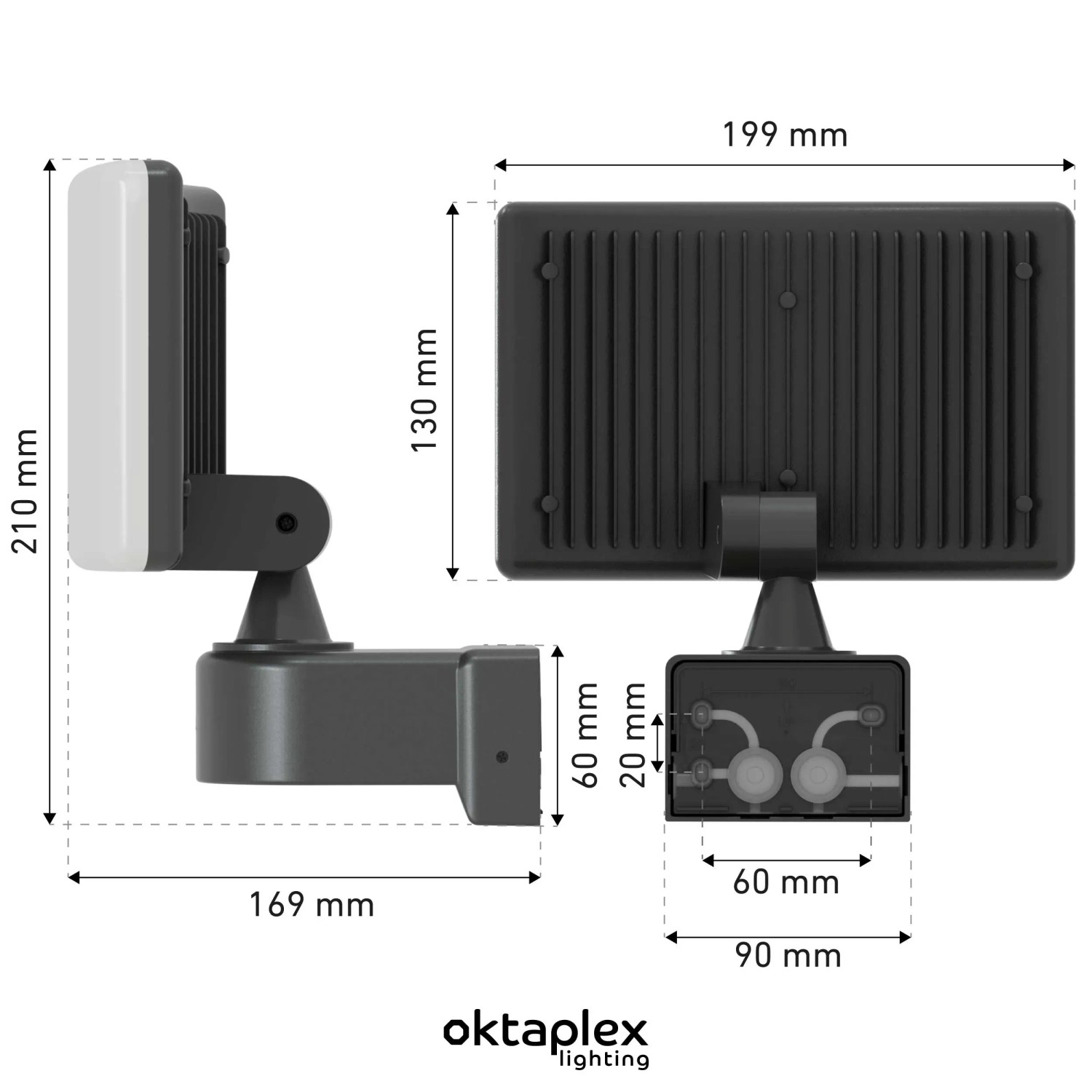 Oktaplex LED Strahler Cali, anthrazit, mit Maßangaben. Außenlampe für helle, warmweiße Beleuchtung.