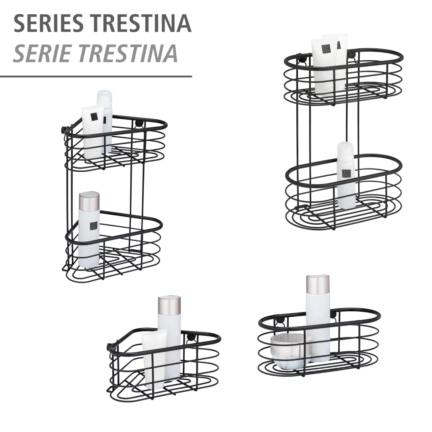 Wenko Eckablagen Trestina, verschiedene Ausführungen der schwarzen Drahtkörbe aus Edelstahl.