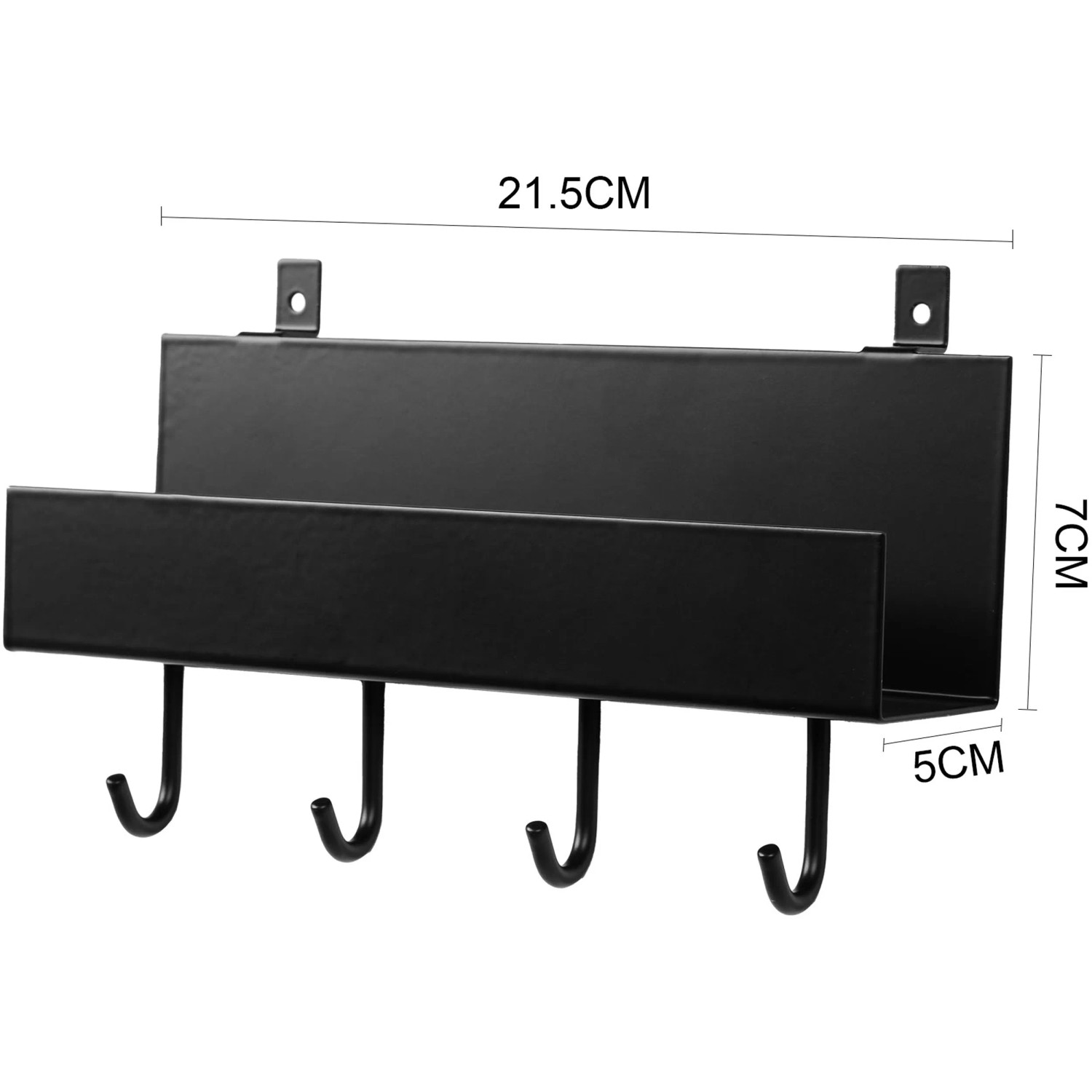 Schwarzes DenPanels Regal mit 4 Haken (21,5 cm) zur Wandmontage.