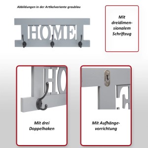 MCW Wandgarderobe C60 im Shabby-Look Grau-Blau mit 3 Doppelhaken und Schriftzug HOME.