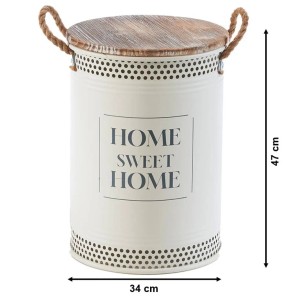 Kobolo Wäschekorb HOME aus cremefarbenem Metall mit Holzdeckel, Seilgriffen und "HOME SWEET HOME" Aufschrift, 34x47 cm.