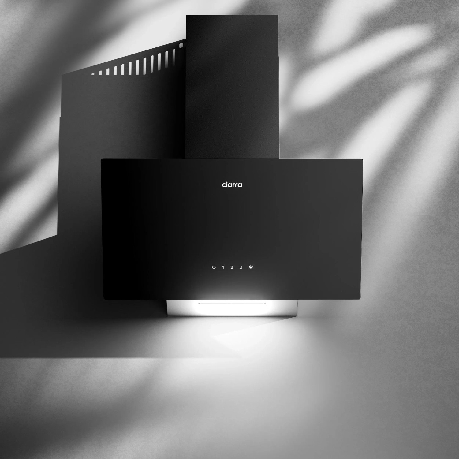 Schwarze CIARRA Kopffreihaube 60 cm mit Glas, Touch-Bedienung und LED-Licht. Moderne Dunstabzugshaube.