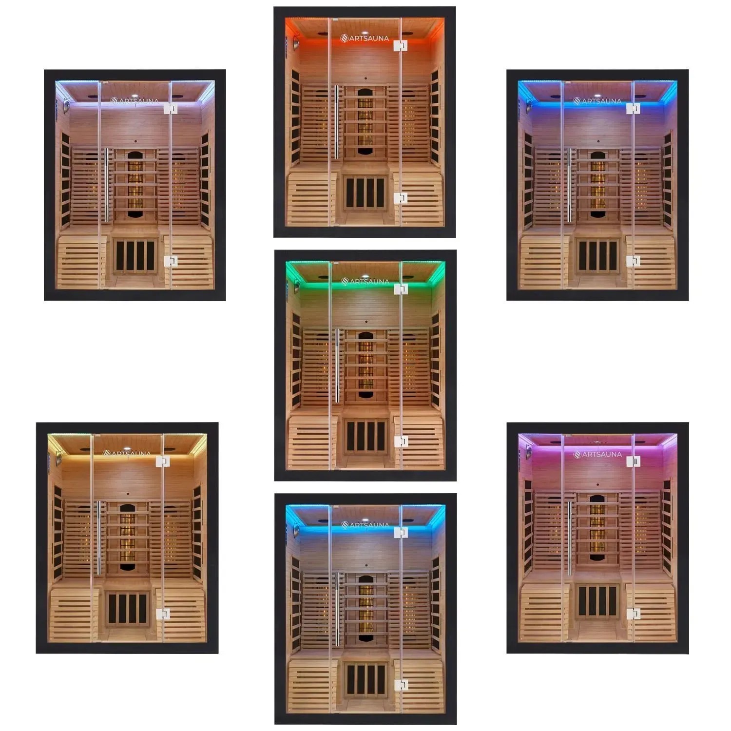 Artsauna Infrarotkabine Helsinki 150, schwarze Ausführung mit LED-Farblicht in verschiedenen Farben.