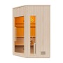 Helle finnische Eck-Sauna Kotka aus Kiefernholz mit Glastür, Bänken und Zubehör. Klassisches Saunahaus.