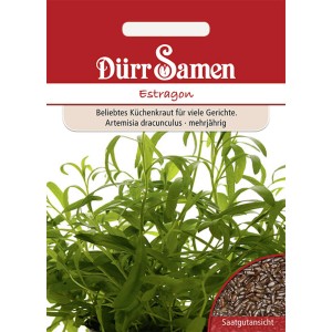 Dürr Samen Estragon Saatgut Packung mit Estragonpflanze und Saatgutansicht.