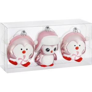 Baumschmuck-Set: 3 rosa-weiße Pinguine aus Kunststoff, matt und glänzend.