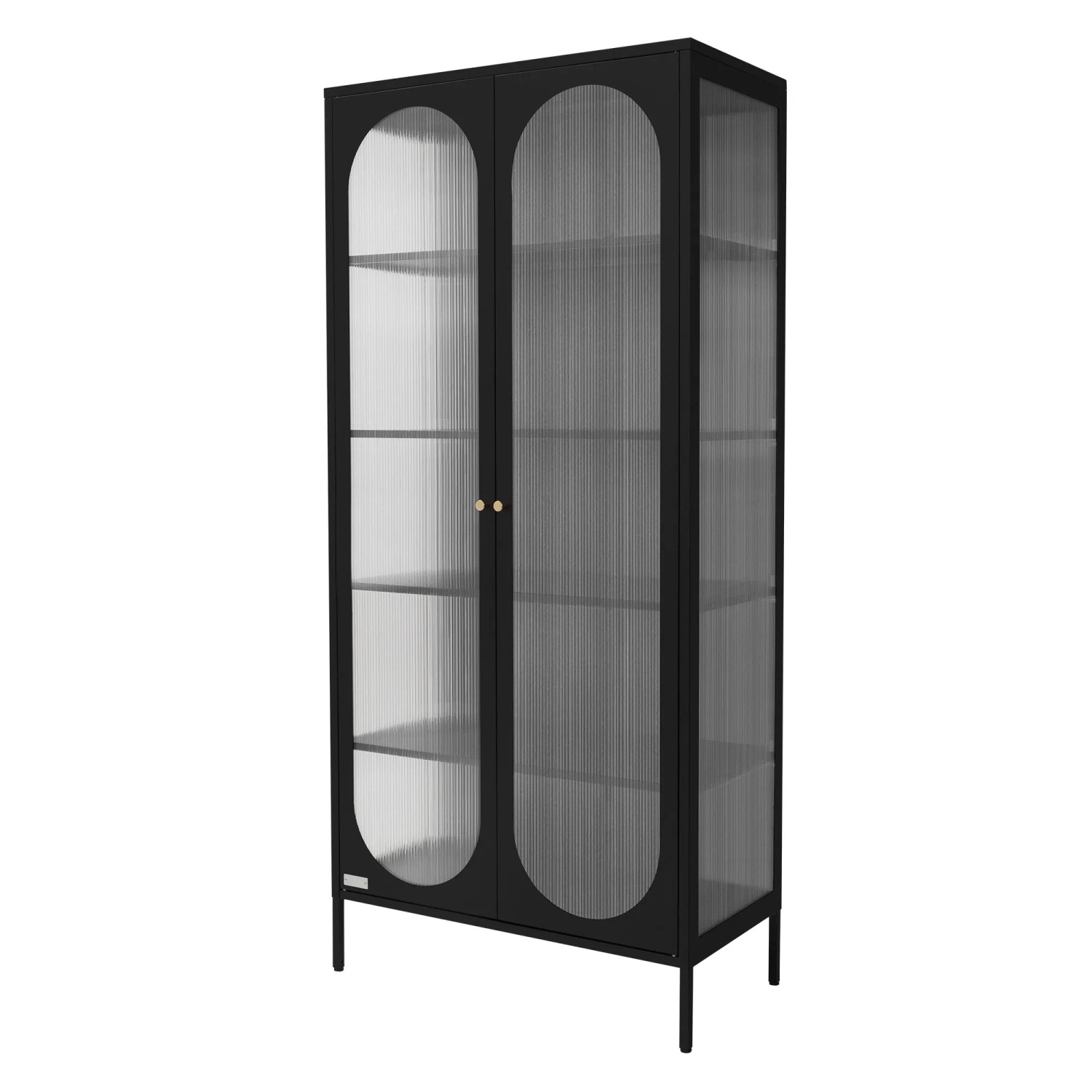 Schwarzer ML-Design Vitrinenschrank aus Stahl mit Glasböden, 80x175x40 cm.