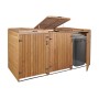 Braune 3er-Mülltonnenverkleidung aus Holz mit geöffneten Türen und Mülltonne.