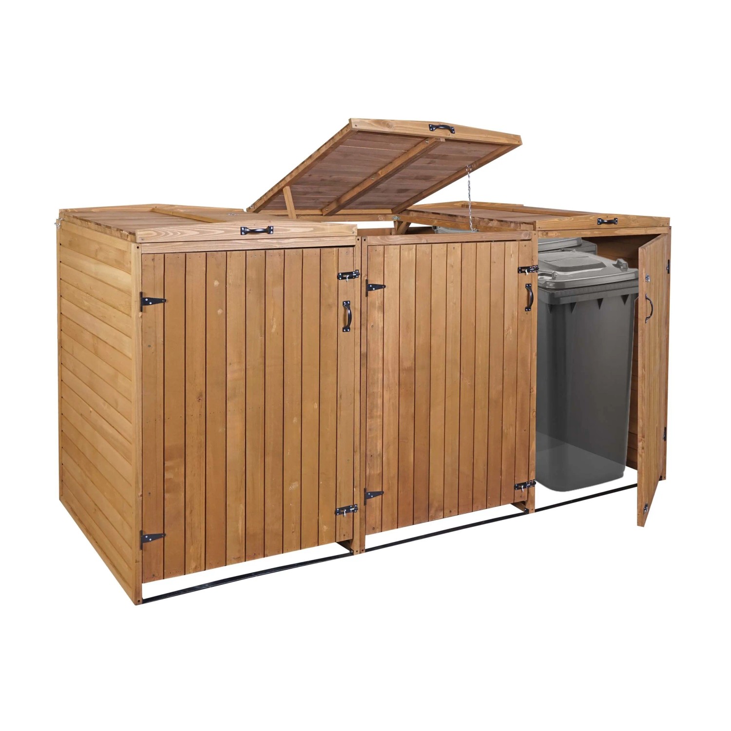 Braune 3er-Mülltonnenverkleidung aus Holz mit geöffneten Türen und Mülltonne.