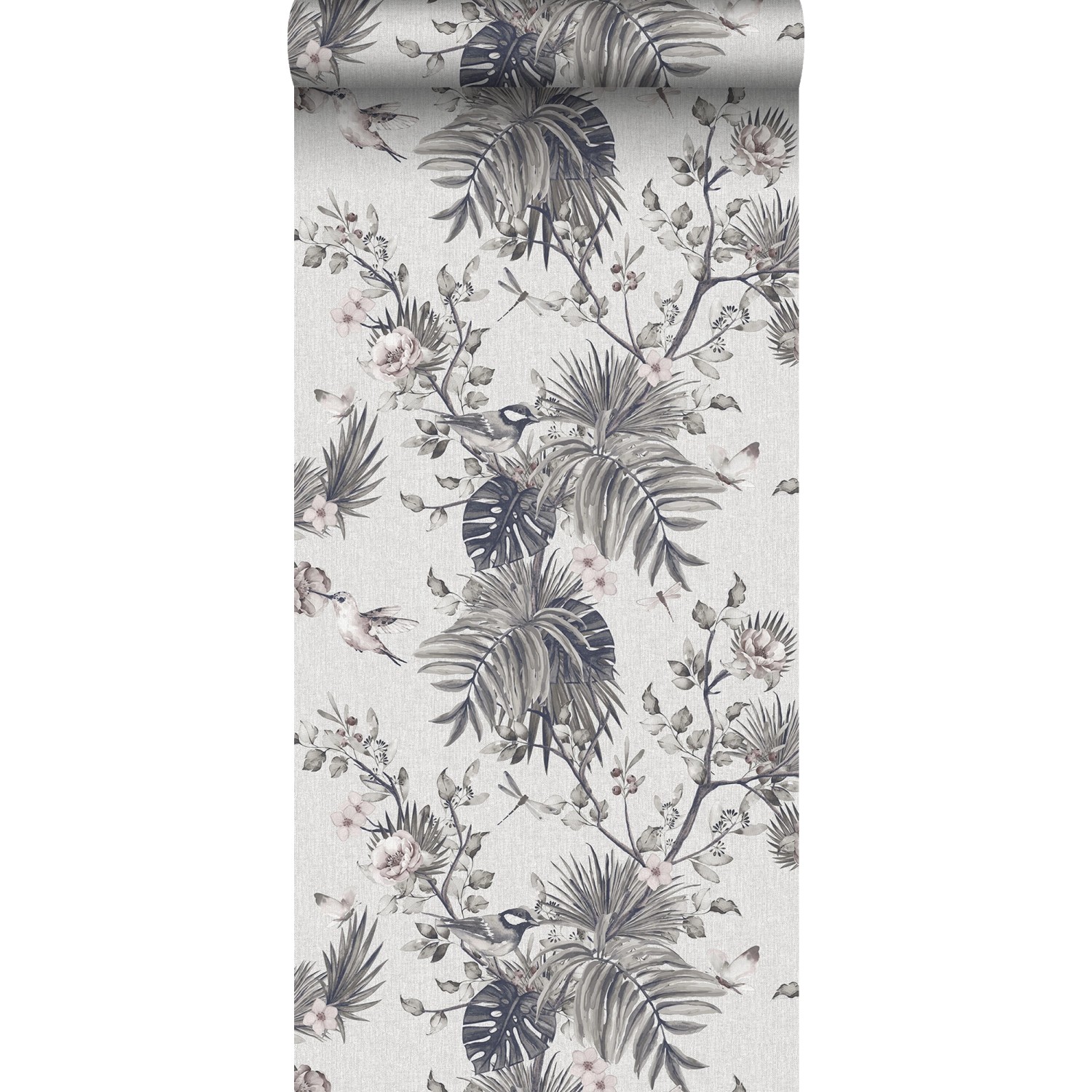 Sanders & Sanders Tapete Tropische Dschungelblätter Und Paradiesvögel Grau günstig online kaufen