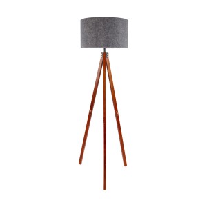 Näve Stehleuchte Filco: Dreibein-Lampe aus Holz, grauer Schirm, 147cm hoch.